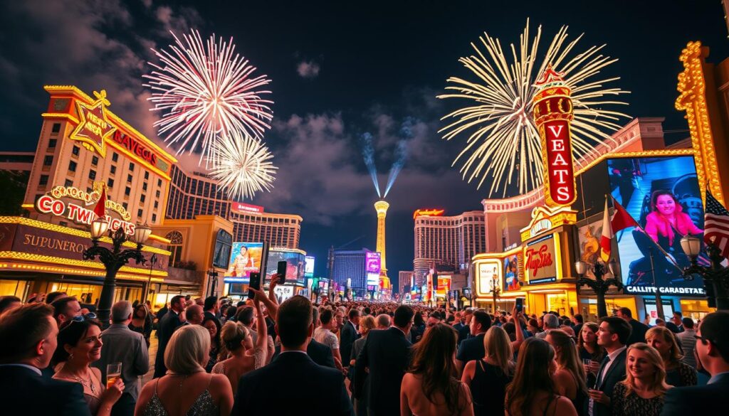 A vibrant New Year's Eve atmosphere in Las Vegas, showcasing The Strip filled with revelers in elegant attire celebrating under a sky lit with spectacular fireworks. In the foreground, excited crowds gather, holding glasses of champagne and wearing festive hats, capturing the joy of the moment. The middle ground features iconic Las Vegas landmarks, such as the brightly lit casinos and hotel facades, reflecting the colorful lights that illuminate the night. In the background, a dazzling display of fireworks explodes above the skyline, casting a magical glow over the scene. Soft, warm lighting enhances the celebratory mood, while a wide-angle perspective captures the bustling environment filled with anticipation and excitement. The entire scene exudes a sense of unique energy and festivity, embodying the essence of New Year's Eve in Las Vegas.