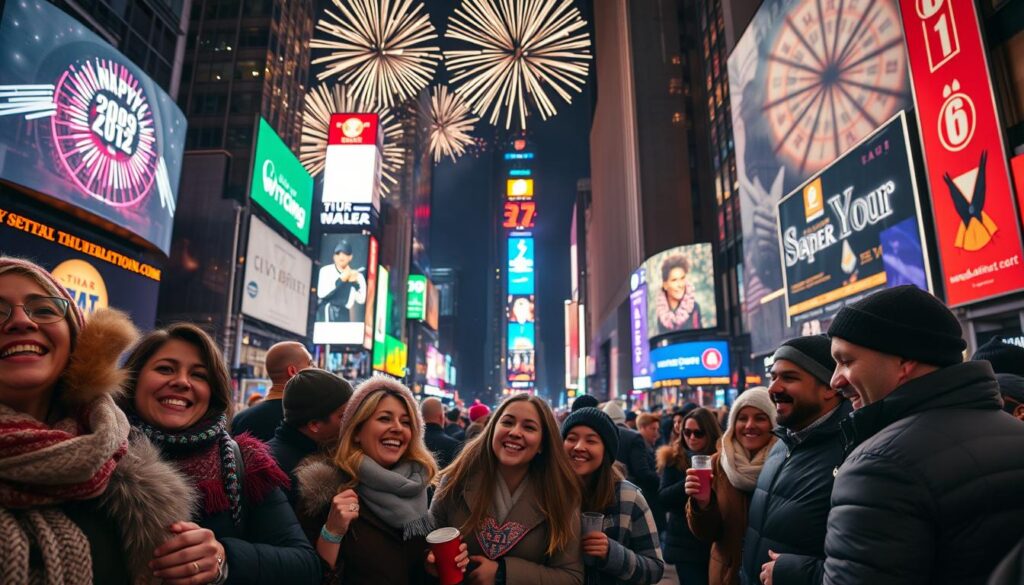 A vibrant New Year's Eve atmosphere in Times Square, New York, bustling with cheerful crowds dressed in stylish winter attire, some wearing decorative hats and holding glowing accessories. In the foreground, a diverse group of friends is seen laughing and celebrating, capturing the essence of the moment. The middle ground features iconic neon billboards and the famous countdown clock, exuding excitement, while fireworks burst spectacularly in the night sky above the city skyline in the background, illuminating the scene with brilliant colors. The warm glow of streetlights reflects off the wet pavement, enhancing the festive mood. The scene is bathed in a soft, magical light, creating a captivating celebration of hope and joy, captured from a slightly elevated angle for a panoramic view.