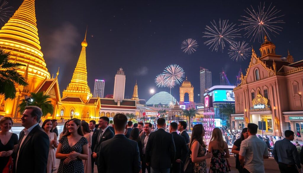 A vibrant New Year’s Eve celebration in Bangkok, featuring the majestic Golden Temples lit up at night, glimmering under a starry sky. In the foreground, elegantly dressed locals and tourists mingle, wearing formal attire and casual smart clothing, sharing joyful smiles and laughter. The middle ground showcases a bustling Central World Plaza, adorned with colorful decorations and a dazzling light display, with people enjoying the festive atmosphere. In the background, the iconic skyline of Bangkok illuminated by fireworks bursts, creating a cheerful and electrifying ambiance. The scene is captured with a wide-angle lens to emphasize the grandeur, with warm lighting casting a magical glow over the festivities. Create an atmosphere of excitement and joy, embodying an unforgettable New Year's Eve experience in this vibrant city.
