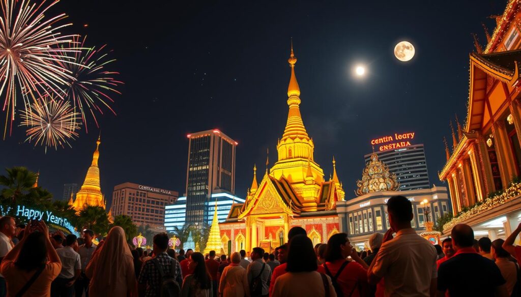 A vibrant New Year’s Eve celebration in Bangkok, featuring the majestic golden temples illuminated against the night sky. In the foreground, a diverse group of people in modest casual clothing joyfully count down to midnight, surrounded by colorful fireworks. The middle ground showcases the stunning architecture of Central World Plaza, adorned with festive decorations and twinkling lights, reflecting a sense of excitement. The background is filled with the silhouette of the city skyline, stars twinkling above, and a full moon casting a gentle glow over the scene. Capture the festive atmosphere with bright, dynamic lighting, a wide-angle lens perspective, and an overall sense of joy and celebration.