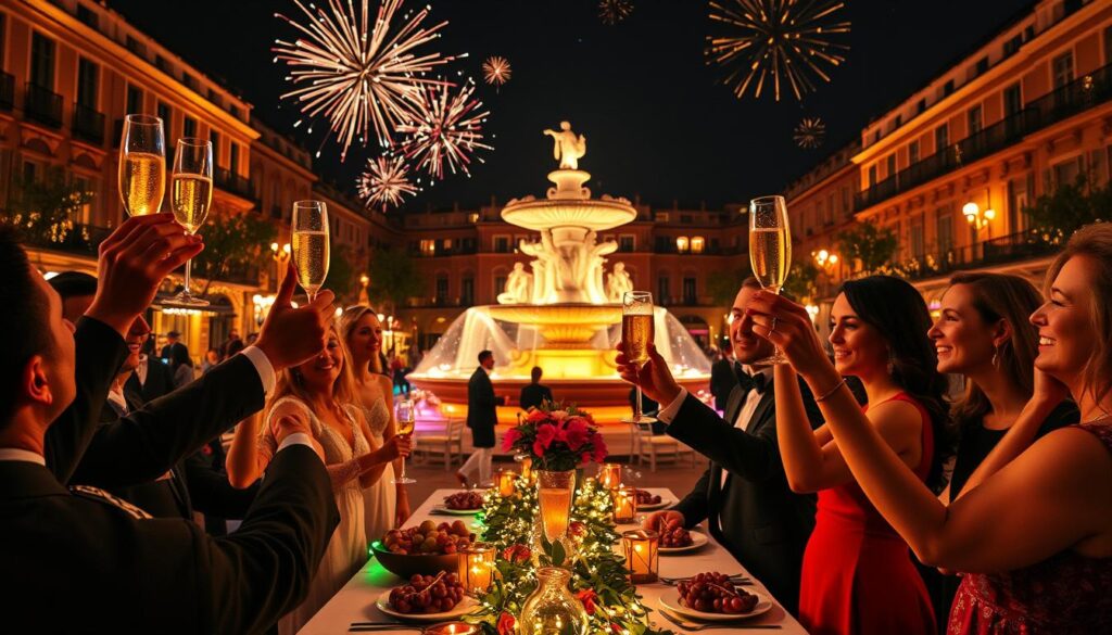 A vibrant New Year's Eve celebration in Barcelona, focusing on a luxurious VIP event. In the foreground, elegantly dressed guests in chic evening attire raise glasses of sparkling champagne, their expressions filled with joy and anticipation. In the middle ground, a lavishly decorated table is adorned with festive décor, including colorful lanterns, twinkling fairy lights, and bowls of traditional 12 grapes. In the background, the iconic Plaça d'Espanya glows beautifully under a starry night sky, with a magnificent fountain illuminated in colorful lights. The scene captures a festive atmosphere, highlighted by warm golden lighting, suggesting excitement and exclusivity. Shot with a wide-angle lens to include the vibrant surroundings and an inviting ambiance.