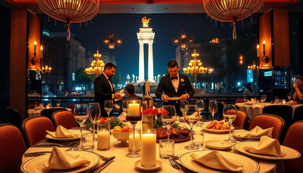 A vibrant New Year's Eve celebration in Buenos Aires, featuring a beautifully set table in a trendy restaurant. The foreground showcases a lavish dining table adorned with elegant plates, sparkling glassware, and festive decorations, including candles and floral arrangements. In the middle, waitstaff in smart attire serve gourmet dishes typical of a Buenos Aires reveillon, such as asado and seafood, with a selection of exclusive beverages like Argentine wines and cocktails. The background reveals the iconic Obelisco illuminated at night, creating a lively atmosphere. Soft, warm lighting enhances the festive mood, while the scene captures the excitement and elegance of a dining experience on New Year's Eve in Argentina. The angle is slightly elevated, providing a comprehensive view of the restaurant's interior and the energetic ambiance.