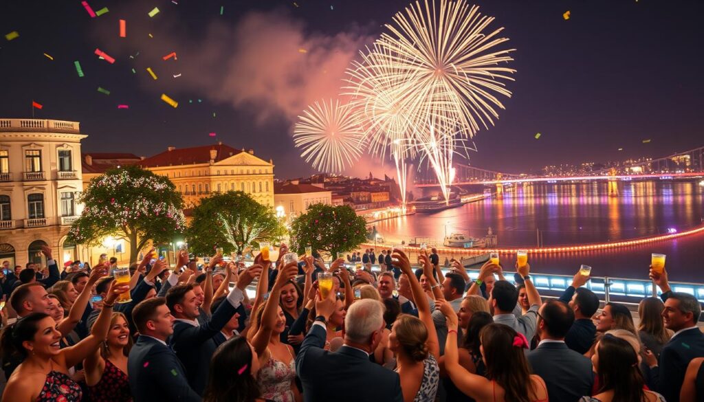 A vibrant New Year's Eve celebration in Lisbon, capturing the energetic atmosphere at Terreiro do Paço. In the foreground, a diverse group of elegantly dressed people, joyful and excited, raising glasses in a toast as colorful confetti falls around them. In the middle ground, iconic Lisbon architecture bathed in soft, warm golden light, with beautifully decorated trees adorned with twinkling lights. The background showcases a spectacular display of fireworks illuminating the night sky above the River Tagus, with brilliant colors reflecting on the water's surface. The scene is filled with a sense of happiness and anticipation, portraying the unique essence of Réveillon in Lisbon at midnight. Shot in a wide angle to encompass the exuberance and splendor of the celebration.