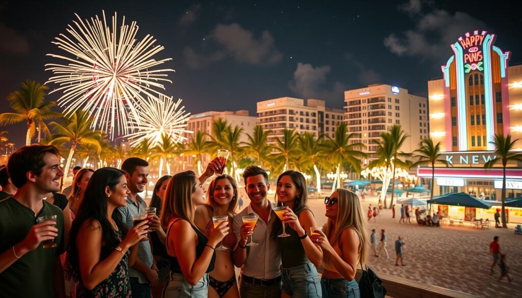 A vibrant New Year's Eve celebration in Miami, showcasing the lively atmosphere of South Beach. In the foreground, a diverse group of young adults in stylish casual attire are joyfully toasting with cocktails, illuminated by dazzling fireworks bursting in a colorful display above them. The middle ground features a palm tree-lined beach, where festive lights twinkle around existing beachfront bars and restaurants, creating a warm, inviting vibe. In the background, the iconic Art Deco buildings of Miami glow under a starry sky, reflecting the energetic spirit of the celebration. Capture the scene with a wide-angle lens, emphasizing the dynamic crowd and festive decorations, with a bright, warm color palette that enhances the celebratory mood. The image conveys excitement and the joy of unforgettable experiences shared among friends on a memorable night.