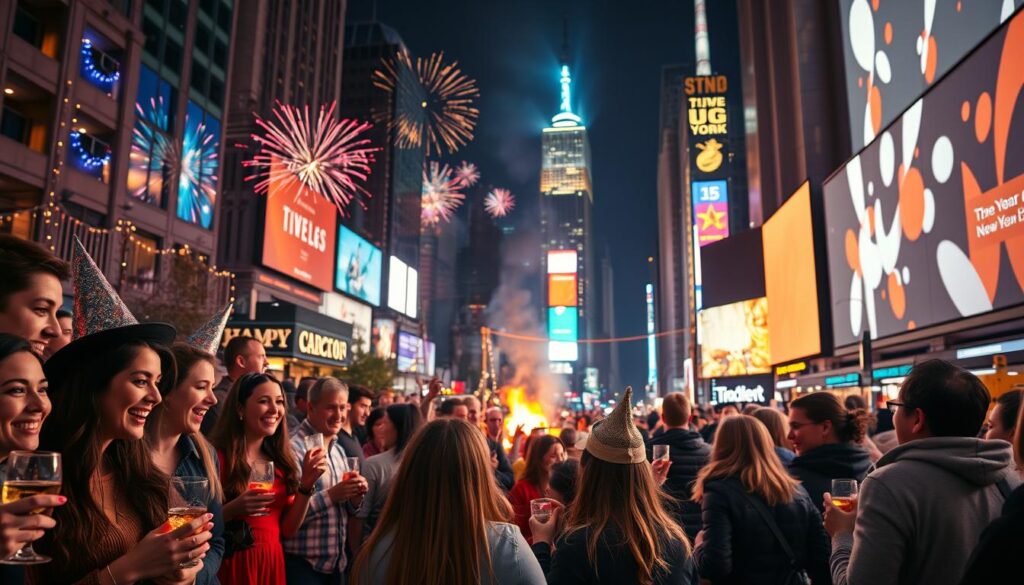 A vibrant New Year's Eve celebration in New York City, capturing a lively atmosphere outside the iconic Times Square. Foreground features diverse groups of people dressed in festive, modest attire celebrating together, holding sparkling drinks and wearing party hats, with smiles and laughter reflecting joy. In the middle, a cozy outdoor gathering of friends and families around a glowing bonfire, with fairy lights hanging from nearby trees, creating a warm ambiance. In the background, the dazzling skyline of New York City lit up, with colorful fireworks illuminating the night sky above. The image is bathed in a soft, warm light, evoking a sense of togetherness and celebration. The angle captures the bustling energy of the crowd, inviting viewers into this unforgettable moment.