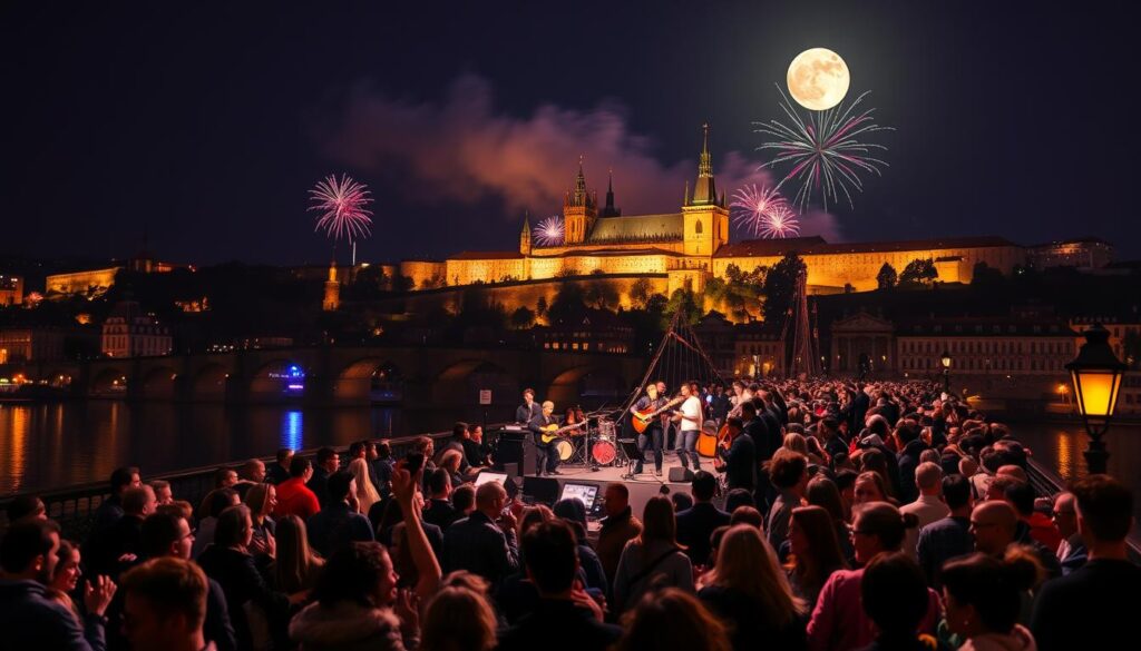 A vibrant New Year's Eve celebration in Prague, captured at night with a focus on the iconic Charles Bridge illuminated by colorful fireworks bursting over Prague Castle in the background. In the foreground, a lively crowd wearing modest festive clothing enjoys live music, dancing, and laughter. The middle layer features a stage set up on the bridge, where musicians passionately perform with instruments glowing under the bright lights. A full moon casts a soft glow, enhancing the festive atmosphere while the historic architecture of the bridge and surrounding buildings is softly lit. The scene is filled with joyful energy and a sense of community, inviting viewers to experience the magic of celebrating the New Year in an enchanting European city.