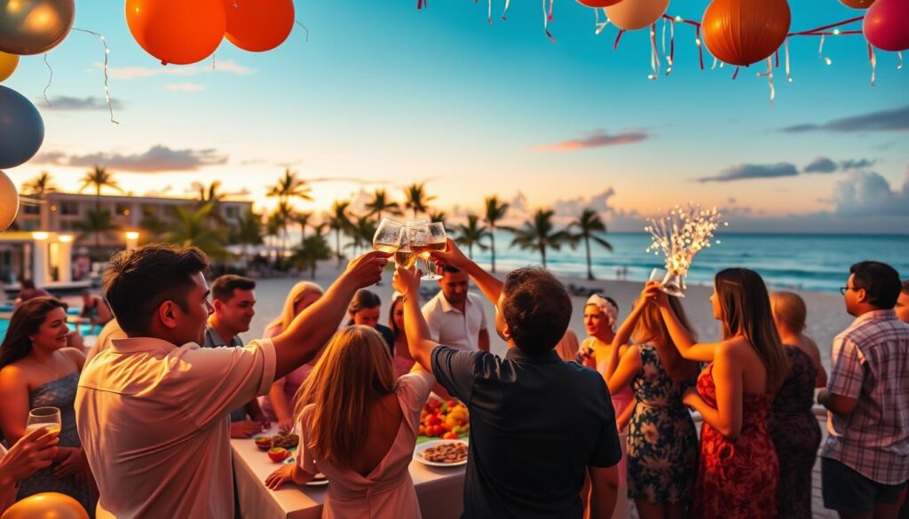 A vibrant New Year's Eve celebration in Punta Cana, featuring a lively gathering of people enjoying local festivities. In the foreground, a group of friends dressed in modest casual clothing raising their glasses for a toast, surrounded by festive decorations like colorful balloons and streamers. In the middle ground, an elaborately set table with traditional Dominican dishes and tropical fruits, adorned with sparkling lights. The background showcases a stunning beachfront resort with palm trees silhouetted against a sunset, casting warm golden and pink hues across the sky. Soft, ambient lighting creates a joyful and celebratory atmosphere, highlighting the happiness and togetherness of the occasion. The image captures the essence of Punta Cana's local traditions and festive spirit during New Year's Eve.