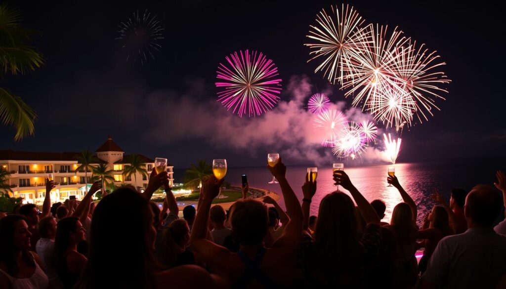 A vibrant New Year's Eve celebration in Punta Cana, featuring stunning fireworks lighting up the night sky. In the foreground, silhouettes of cheerful attendees, dressed in festive casual clothing, raise their glasses in anticipation of the countdown. The middle ground displays elegantly designed beachfront resorts, decorated with sparkling lights, while palm trees sway gently in the tropical breeze. In the background, the dark sky is illuminated by colorful explosions of fireworks, casting brilliant reflections on the calm ocean waters. The scene is alive with energy and joy, creating a festive atmosphere that conveys the magic of welcoming the New Year. The image is captured with a wide-angle lens, showcasing the dynamic scene with a focus on both the people and the breathtaking fireworks display.