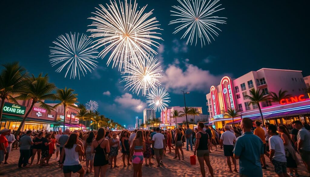 A vibrant New Year’s Eve celebration in South Beach, Miami, showcasing spectacular fireworks illuminating the night sky. In the foreground, a crowd of diverse people in stylish casual attire stands on the sandy beach, gazing upwards in awe at the dazzling display. In the middle ground, palm trees sway gently in the warm evening breeze, while colorful lights from nearby beachside cafes create a festive atmosphere. The background features the iconic Art Deco buildings of Ocean Drive, subtly lit and reflecting the vibrant colors of the fireworks. The scene is captured with a wide-angle lens, emphasizing the grandeur of the fireworks against the deep blue sky, creating an atmosphere of joy and celebration, filled with anticipation for the upcoming year.