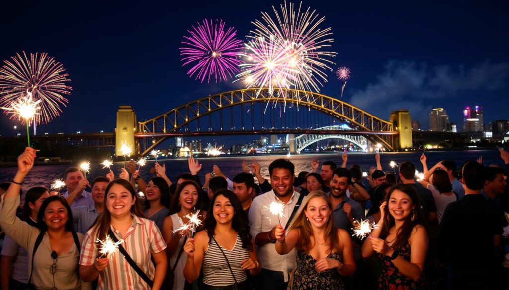 A vibrant New Year’s Eve celebration in Sydney at the iconic Harbour Bridge. In the foreground, a diverse group of people dressed in modest casual clothing joyfully celebrating, some holding sparklers and others taking photos. The middle features the illuminated Harbour Bridge adorned with colorful fireworks bursting in the night sky, creating a festive atmosphere. In the background, the Sydney skyline glimmers with sparkling lights and reflections in the water. The scene captures the energy and excitement of the event, with a deep blue night sky and bright fireworks illuminating the city. Use a wide-angle lens to create a sense of immersion, with soft bokeh effects around the foreground figures, conveying a joyful and celebratory mood.