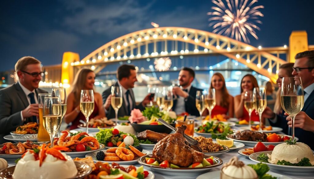 A vibrant New Year's Eve celebration in Sydney, showcasing a beautifully arranged table filled with traditional Australian dishes and festive drinks. In the foreground, a variety of dishes such as grilled prawns, lamb, fresh salads, and pavlova, elegantly presented with colorful garnishes. Nearby, glasses of sparkling wine catch the light, adding a touch of glamour. In the middle ground, people dressed in smart casual attire enjoy the festive atmosphere, laughing and toasting as they anticipate the midnight fireworks. The iconic Sydney Harbour Bridge looms majestically in the background, illuminated against a night sky. The scene is bathed in warm, inviting light, creating a joyful and energetic mood, capturing the essence of a festive Aussie New Year.