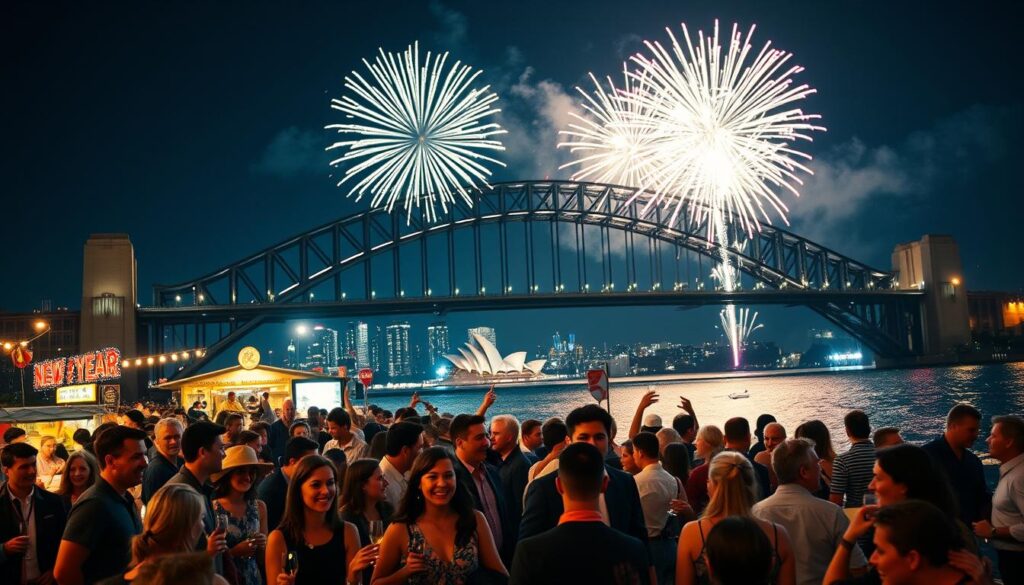A vibrant New Year's Eve celebration in Sydney, showcasing the iconic Harbour Bridge illuminated with dazzling fireworks. In the foreground, a diverse crowd of people, dressed in smart casual attire, joyfully celebrating, some holding champagne glasses. The middle ground features families enjoying food stalls and colorful decorations, while the background bursts with brilliant fireworks lighting up the night sky, reflecting over the harbor waters. The scene is bathed in warm, festive lighting, capturing a lively and energetic atmosphere. Use a slightly wide-angle lens to emphasize the grandeur of the bridge and the surrounding festivities, evoking a sense of excitement and unity as the world welcomes the New Year.