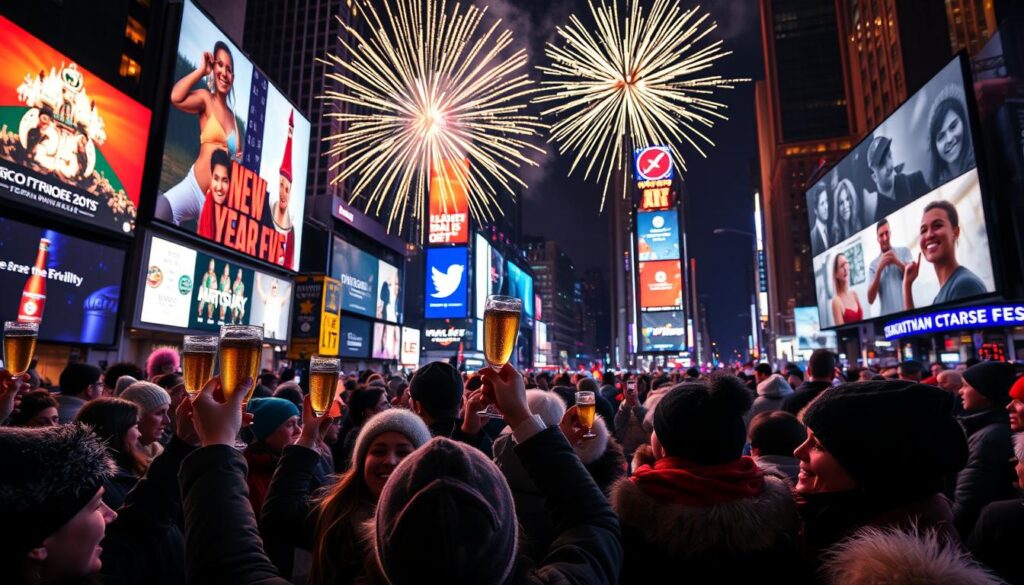 A vibrant New Year's Eve celebration in Times Square, filled with a diverse crowd of people dressed in festive winter attire, joyfully counting down to midnight. In the foreground, a group of friends raises glasses of sparkling cider, capturing the essence of togetherness. The middle ground features the iconic neon lights and massive screens of Times Square, displaying a dazzling array of colors and advertisements. In the background, a stunning fireworks display lights up the midnight sky, with bright bursts of gold and silver illuminating the city skyline. The atmosphere is electric, filled with excitement and joy, highlighted by a clear night sky. Capture the scene with a wide-angle lens, focusing on the crowd's expressions and the celebratory energy. The lighting is dynamic, with the contrast between the bright colors of the lights and the dark surroundings.