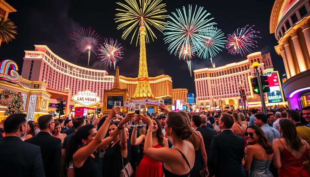 A vibrant New Year’s Eve celebration on the Las Vegas Strip, showcasing a bustling street filled with people dressed in stylish evening attire, joyfully celebrating the arrival of the New Year. In the foreground, a group of diverse friends raises their glasses in a toast, illuminated by colorful lights. The middle ground features iconic Las Vegas landmarks like the Bellagio and the Caesar's Palace, adorned with festive decorations. Fireworks burst in the night sky above, casting a dazzling array of colors, creating a magical atmosphere. The background shows a crowd gathering, with spectacular light displays adding to the festive mood. The scene is captured with a wide-angle lens, emphasizing the excitement and energy of the night with bright, dynamic lighting and a lively spirit.