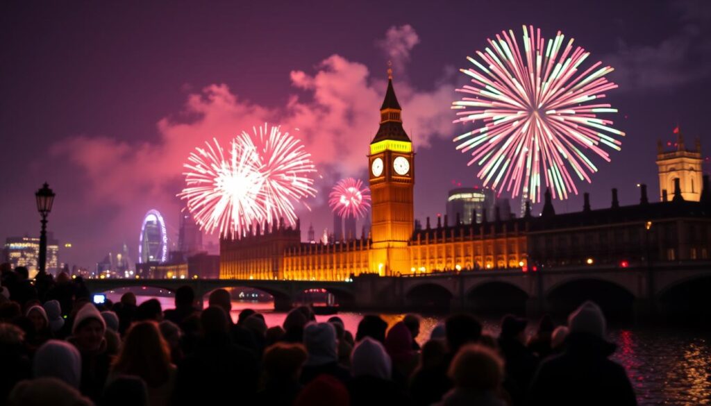 A vibrant New Year's Eve celebration scene featuring a spectacular fireworks display over Big Ben and the River Thames in London. In the foreground, silhouettes of excited crowds gather along the riverbank, dressed in festive winter attire. The middle ground showcases Big Ben glowing with warm lights, its clock nearing midnight. In the background, a burst of colorful fireworks illuminates the night sky, reflecting in the water below. The atmosphere exudes joy and anticipation, with a backdrop of London's skyline. Use soft bokeh effects to enhance the festive mood. Capture this scene from a slightly elevated angle to emphasize the grandeur of the fireworks while focusing on the excitement of the people below. Ensure the lighting is bright and celebratory, with a mix of vivid colors.