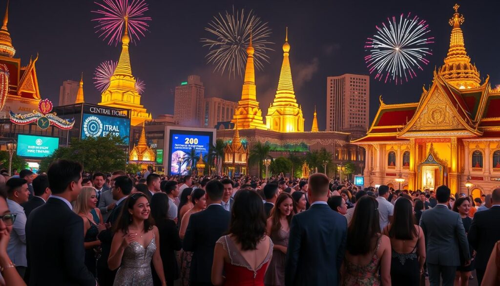 A vibrant New Year's Eve scene in Bangkok, showcasing prominent landmarks like the Golden Temples and the bustling Central World Plaza shimmering with festive lights. In the foreground, a diverse group of well-dressed individuals, men and women in elegant attire, engaging in conversations and festivities, reflecting a safe and friendly atmosphere. The middle ground features the iconic Central World Plaza, adorned with dazzling decorations and a large digital countdown clock, packed with happy, cheering crowds. In the background, the majestic silhouette of golden temples under a night sky filled with fireworks, casting a colorful glow. The overall mood is celebratory yet secure, with bright, warm lighting to enhance the festive spirit, captured with a wide-angle view to encompass both the crowd and the stunning architecture.