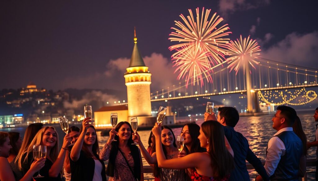 A vibrant New Year's Eve scene in Istanbul, depicting the iconic Bosphorus strait illuminated by festive lights. In the foreground, a group of elegantly dressed people in smart casual attire celebrate, raising glasses of sparkling wine. In the middle ground, the ornate Galata Tower stands proudly, surrounded by colorful fireworks exploding in the night sky. The background features the majestic Bosphorus Bridge connecting Europe and Asia, adorned with shimmering lights that reflect on the water’s surface. The atmosphere is lively and joyful, filled with the warmth of celebration and a sense of anticipation for the New Year. Soft, warm lighting enhances the festive mood, while a wide-angle perspective captures the grandeur of the scene.