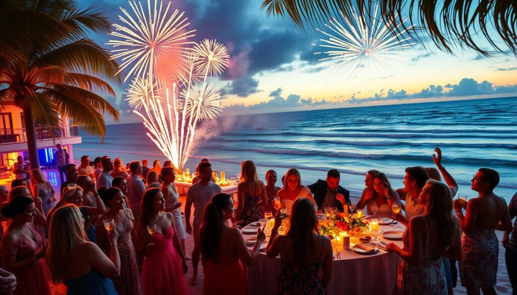 A vibrant New Year's celebration at a luxurious Caribbean resort in Cancún, showcasing a lively beach party scene. In the foreground, groups of elegantly dressed people rejoice, wearing colorful party attire and enjoying cocktails. In the middle, a beautifully decorated banquet table laden with festive dishes and sparkling decorations glows under warm, ambient lighting. The background reveals a stunning coastline with soft waves lapping at the shore, palm trees swaying gently in the breeze, and fireworks lighting up the night sky, creating a magical atmosphere. The scene is captured with a wide-angle lens, emphasizing the festive energy and colorful details, with a golden hour sunset casting a warm glow over the entire celebration. A vibrant New Year's celebration at a luxurious Caribbean resort in Cancún, showcasing a lively beach party scene. In the foreground, groups of elegantly dressed people rejoice, wearing colorful party attire and enjoying cocktails. In the middle, a beautifully decorated banquet table laden with festive dishes and sparkling decorations glows under warm, ambient lighting. The background reveals a stunning coastline with soft waves lapping at the shore, palm trees swaying gently in the breeze, and fireworks lighting up the night sky, creating a magical atmosphere. The scene is captured with a wide-angle lens, emphasizing the festive energy and colorful details, with a golden hour sunset casting a warm glow over the entire celebration.