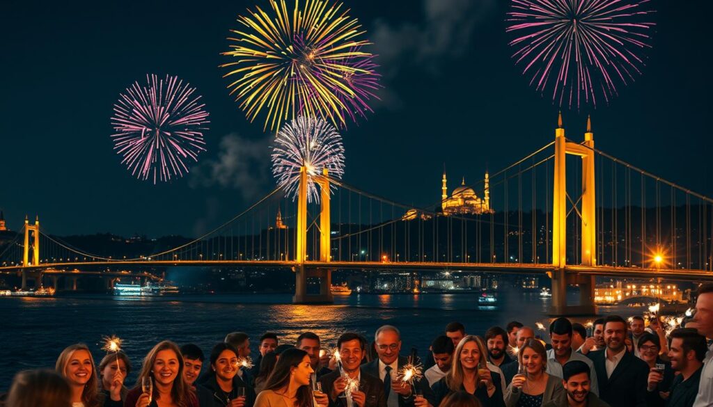 A vibrant New Year's celebration in Istanbul, showcasing the illuminated Bosphorus Bridge at night. In the foreground, a crowd of diverse people dressed in smart casual clothing, smiling and celebrating, holding sparklers and glasses of sparkling juice. The middle ground features colorful fireworks exploding in the sky above the bridge, casting beautiful reflections on the water. The background reveals a panoramic view of Istanbul's skyline, including the silhouette of the Hagia Sophia and minarets illuminated by festive lights. The scene is bathed in a warm golden glow from the fireworks, evoking a cheerful and festive atmosphere. Shot from a slightly elevated angle to capture the bustling energy of the celebration. A vibrant New Year's celebration in Istanbul, showcasing the illuminated Bosphorus Bridge at night. In the foreground, a crowd of diverse people dressed in smart casual clothing, smiling and celebrating, holding sparklers and glasses of sparkling juice. The middle ground features colorful fireworks exploding in the sky above the bridge, casting beautiful reflections on the water. The background reveals a panoramic view of Istanbul's skyline, including the silhouette of the Hagia Sophia and minarets illuminated by festive lights. The scene is bathed in a warm golden glow from the fireworks, evoking a cheerful and festive atmosphere. Shot from a slightly elevated angle to capture the bustling energy of the celebration.