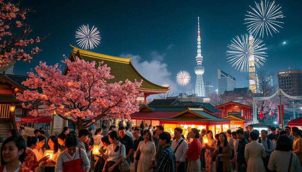 A vibrant New Year's celebration in Tokyo, showcasing the iconic Senso-ji Temple illuminated at night. In the foreground, a diverse group of people dressed in traditional Japanese attire and modest casual clothing, joyfully celebrating, while others are lighting lanterns and taking pictures. The middle ground features colorful cherry blossom trees adorned with festive decorations, and food stalls offering traditional New Year treats. The background highlights the temple’s majestic architecture, framed by a sparkling city skyline. Soft, warm lighting creates a magical atmosphere, with fireworks bursting in the sky, casting colorful reflections. The scene captures the spirit of togetherness, tradition, and joy inherent in Tokyo’s New Year festivities, inviting viewers to immerse themselves in this unforgettable experience.