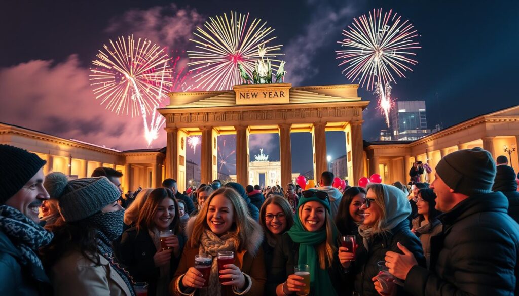 A vibrant New Year's celebration scene in Berlin, focusing on Brandenburger Tor illuminated at night. In the foreground, a diverse group of people dressed in warm, stylish winter attire, smiling and sharing festive drinks, capturing a sense of joy and togetherness. In the middle ground, the iconic Brandenburg Gate stands majestically, adorned with twinkling lights and colorful sparklers lighting up the sky. The crowd is gathered, some holding balloons and festive decorations, embodying the excitement of the New Year. The background features a fireworks display exploding in brilliant colors above the city skyline, casting a warm glow over the cheerful atmosphere. The lighting is bright and dynamic, emphasizing the festive ambiance of the celebration at this historical landmark.
