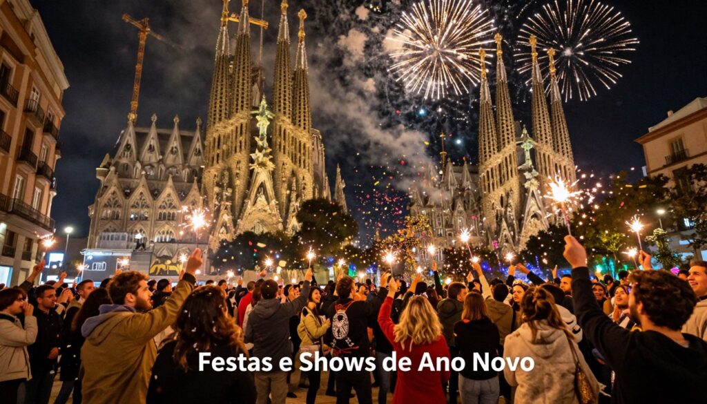 A vibrant New Year's celebration scene in Spain, capturing the essence of "Festas e Shows de Ano Novo." The foreground features a diverse crowd dressed in festive attire, gathering together to celebrate in the bustling streets of Barcelona and Madrid. In the middle ground, colorful confetti fills the air, with people joyfully holding sparkling firework sparklers. The background showcases iconic landmarks of both cities illuminated at night, such as the Sagrada Familia and Puerta del Sol, adorned with dazzling lights. Bright fireworks explode in the sky, casting a radiant glow over the scene. The atmosphere is filled with excitement and happiness, embodying the festive spirit of New Year's Eve, shot with a wide-angle lens to emphasize the crowd and vibrant details, while warm lighting enhances the celebratory mood. A vibrant New Year's celebration scene in Spain, capturing the essence of "Festas e Shows de Ano Novo." The foreground features a diverse crowd dressed in festive attire, gathering together to celebrate in the bustling streets of Barcelona and Madrid. In the middle ground, colorful confetti fills the air, with people joyfully holding sparkling firework sparklers. The background showcases iconic landmarks of both cities illuminated at night, such as the Sagrada Familia and Puerta del Sol, adorned with dazzling lights. Bright fireworks explode in the sky, casting a radiant glow over the scene. The atmosphere is filled with excitement and happiness, embodying the festive spirit of New Year's Eve, shot with a wide-angle lens to emphasize the crowd and vibrant details, while warm lighting enhances the celebratory mood.