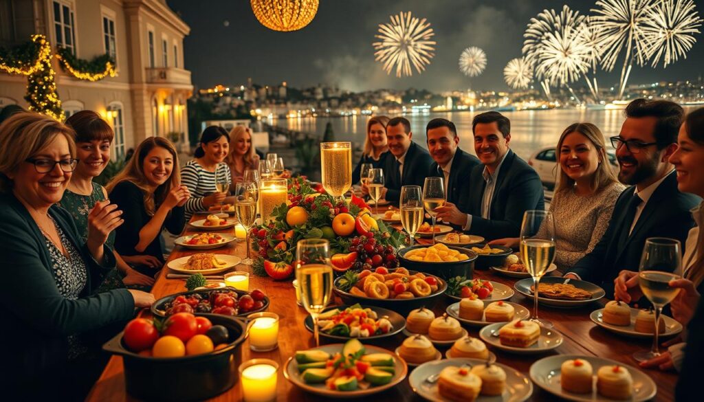 A vibrant New Year’s feast in Lisbon featuring traditional Portuguese dishes like bacalhau, caldo verde, and pastéis de nata, beautifully arranged on a long wooden table adorned with festive decorations. In the foreground, a stunning spread of colorful fruits, delicately garnished appetizers, and glasses filled with sparkling wine glimmer in soft, warm candlelight. In the middle ground, a diverse group of elegantly dressed individuals, smiling and engaging in conversation, capture the spirit of celebration. The background showcases the iconic architecture of Terreiro do Paço, with distant fireworks illuminating the night sky over the Tagus River, creating a magical atmosphere. The scene is bathed in a golden hue, evoking warmth and joy, with a focus on intimate gathering and the essence of Lisbon's culinary heritage.