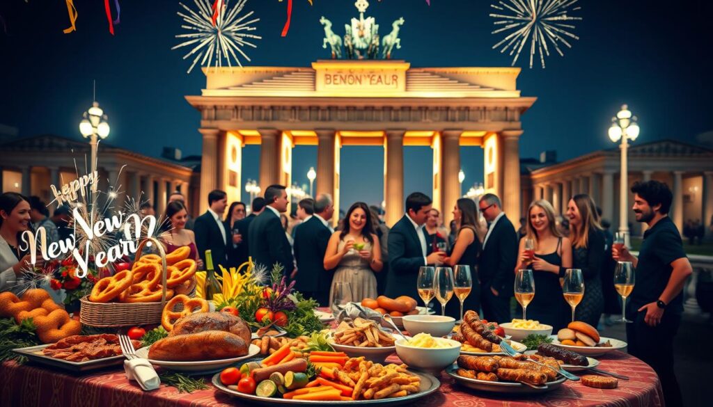 A vibrant New Year's feast table set against the backdrop of the iconic Brandenburg Gate in Berlin. In the foreground, an elegant table is adorned with traditional German dishes like roast meats, pretzels, and a colorful array of fresh vegetables, all artfully arranged with festive decorations like streamers and sparklers. The middle ground features a lively gathering of elegantly dressed people, enjoying food and drinks, laughing and celebrating the New Year. In the background, the Brandenburg Gate is illuminated with dazzling lights, casting a warm glow over the scene. The atmosphere is joyful and festive, filled with the spirit of celebration. Soft, ambient lighting enhances the scene, evoking warmth and togetherness, while a slight vignette focuses attention on the culinary delights and the festive energy of the occasion.