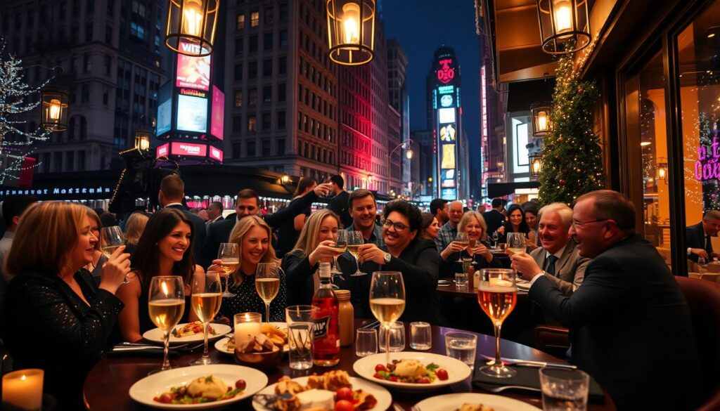 A vibrant New York City street scene during New Year's Eve, showcasing a cozy bistro filled with elegantly dressed diners enjoying festive dishes. In the foreground, a beautifully set table with gourmet plates, sparkling drinks, and seasonal decorations. The ambiance is warm and inviting, illuminated by soft, ambient lighting from hanging lanterns and candles. In the middle ground, a diverse group of happy patrons clinks glasses, laughing and celebrating in a stylish, bustling atmosphere. The background captures iconic New York architecture adorned with twinkling lights, hinting at the excitement of Times Square just a few blocks away. The night sky outside the window is dark, setting a cozy contrast to the lively scene inside. The overall mood is festive, celebratory, and filled with the joy of culinary delights during the New Year festivities.