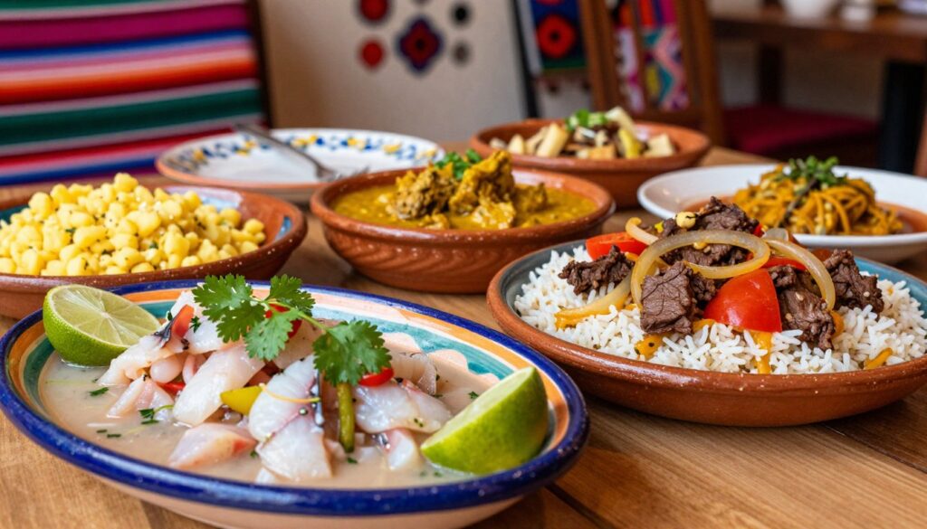 A vibrant Peruvian dining table setting showcasing an array of typical dishes. In the foreground, feature a beautifully plated ceviche with fresh fish, cilantro, and lime adorning a colorful ceramic dish. Beside it, showcase a serving of lomo saltado, stir-fried beef with onions and tomatoes, served over fragrant rice. In the middle ground, include a variety of traditional side dishes like causa (yellow potato salad) and ají de gallina (chicken in aji amarillo sauce). The background should depict a warm, inviting restaurant ambiance with Peruvian textiles and ornamental decor. Soft, natural lighting highlights the colors of the food, creating an inviting and festive atmosphere, perfect for a New Year celebration in Peru. Aim for a close-up angle that captures the textures and vibrant colors of the dishes without any text or distractions.