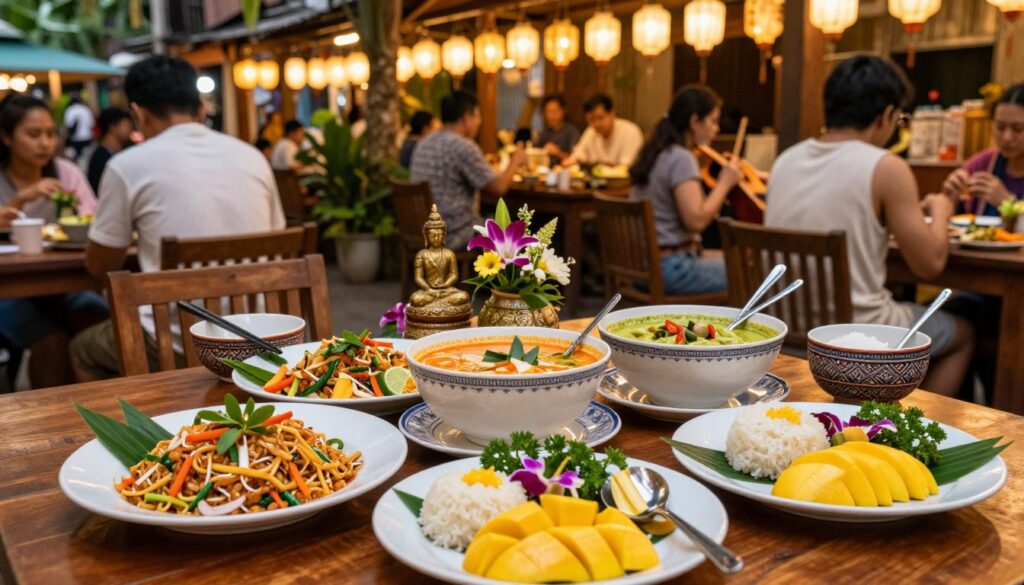 A vibrant Thai dining scene showcasing an array of traditional dishes. In the foreground, beautifully arranged plates of Pad Thai, Tom Yum soup, green curry, and mango sticky rice, garnished with fresh herbs and colorful vegetables. In the middle, a wooden table set with traditional Thai tableware, including intricate bowls and chopsticks, surrounded by decorative items reflecting Thai culture, like small Buddha statues and floral arrangements. In the background, a softly lit outdoor bustling market scene with lanterns hanging, traditional Thai music ambiance, and people in modest casual clothing enjoying their meals. The atmosphere is warm and inviting, evoking a festive Thai dining experience with vivid colors and soft golden lighting.