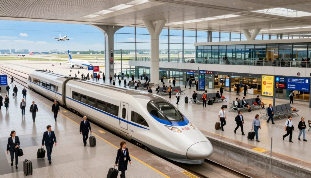A vibrant airport scene featuring a modern train station, symbolizing the connection between air travel and rail journeys. In the foreground, a sleek, high-speed train glides into the station, while travelers, dressed in professional attire or modest casual clothing, bustle around with luggage in hand. In the middle ground, a spacious waiting area adorned with large glass windows allows natural light to flood the space, illuminating the travelers and the vibrant signage indicating various destinations. The background showcases a busy airport runway with airplanes taking off and landing under a clear blue sky, creating a sense of travel excitement. The atmosphere is lively and anticipatory, capturing the essence of embarking on a new adventure. Use bright and inviting lighting with a wide-angle perspective to emphasize the dynamic environment.