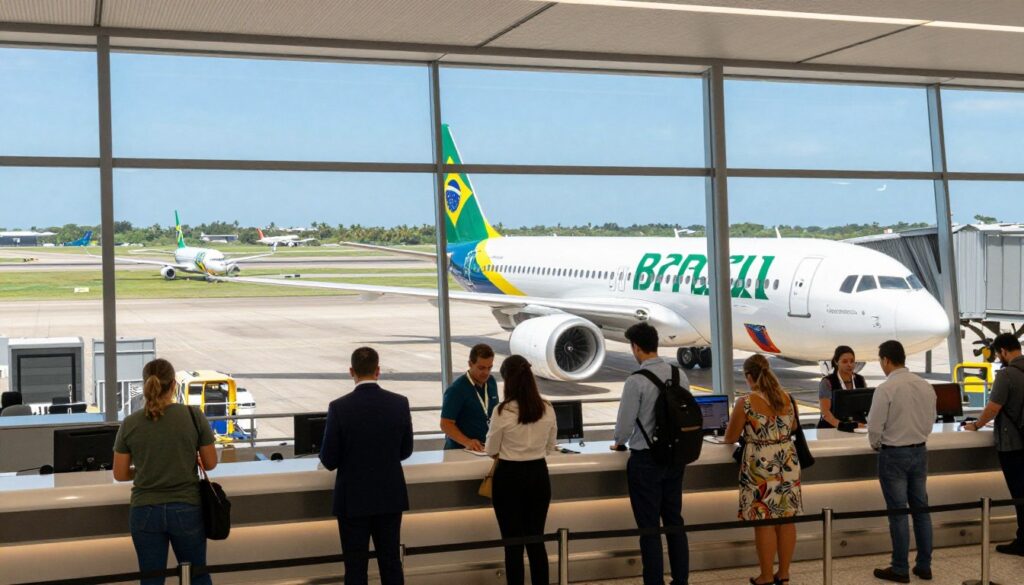A vibrant airport scene showcasing international flights connecting Brazil and Colombia. In the foreground, a diverse group of travelers in professional attire and modest casual clothing are checking in at a sleek, modern airline counter. The middle ground features airplanes of Brazilian and Colombian airlines ready for takeoff, with the distinctive colors and logos visible. In the background, large windows reveal a clear blue sky and planes taxiing on the runway, suggesting bustling travel activity. Soft, natural lighting spills into the terminal, creating a welcoming atmosphere. The overall mood is one of excitement and anticipation for a journey to the beautiful Caribbean beaches of Cartagena in January 2026.