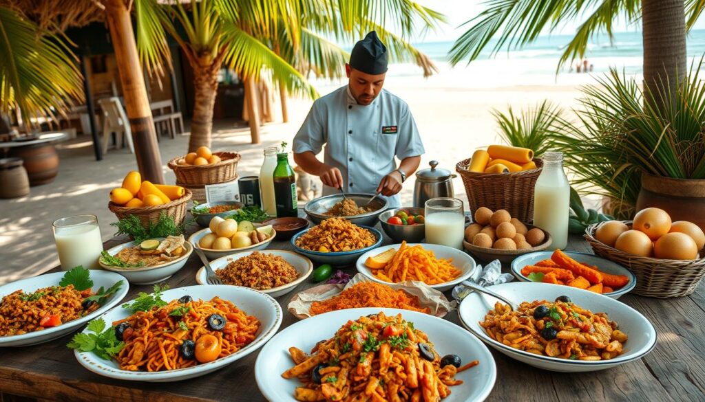 A vibrant and colorful spread of traditional northeastern Brazilian cuisine, featuring a rustic wooden table in the foreground adorned with dishes like acarajé, moqueca, and farofa, accompanied by fresh fruits and local beverages such as coconut water. In the middle ground, capture a chef in modest casual clothing skillfully preparing dishes, showcasing the art of cooking with passion. The background reveals a sunny beach scene, with soft waves lapping at the shore and palm trees swaying gently in the breeze, enhancing the tropical atmosphere. Soft, natural lighting illuminates the scene, emphasizing the rich colors and textures of the food, evoking a warm and inviting mood. Use a standard lens to provide a balanced perspective, ensuring all elements harmoniously celebrate the local gastronomy.