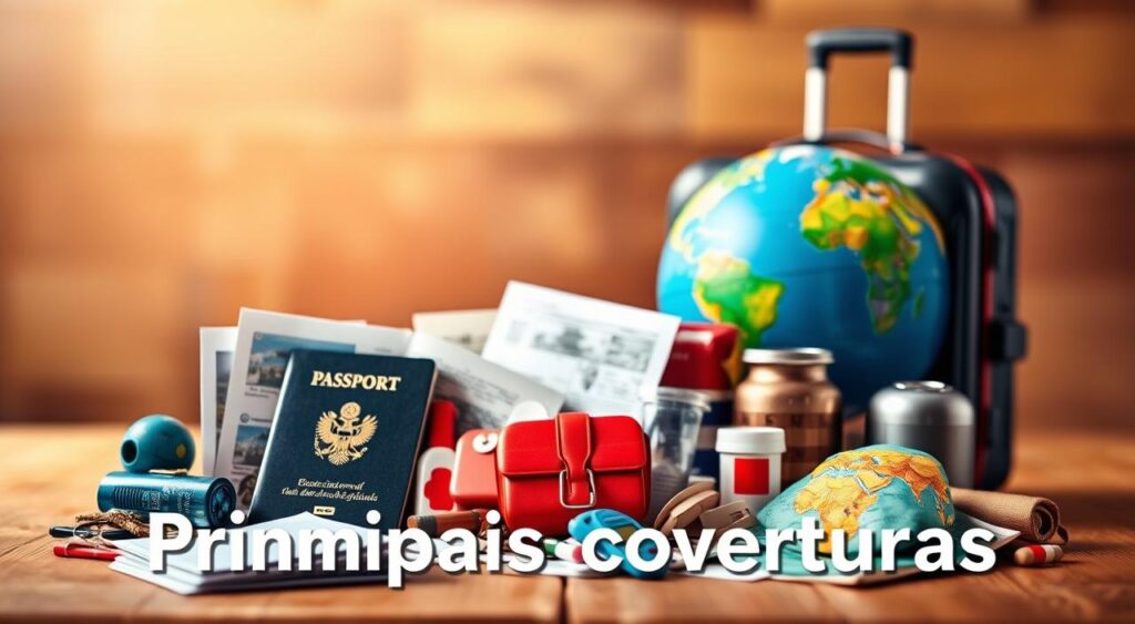 A vibrant and detailed illustration showcasing the key coverages of a travel insurance policy. In the foreground, a diverse array of essential travel essentials - a passport, travel documents, medical supplies, and a map - artfully arranged against a softly blurred background. The mid-ground features a globe and a suitcase, symbolizing the global reach and comprehensive protection of the insurance coverage. The background is a warm, inviting blend of colors, evoking a sense of security and preparedness for any journey. The lighting is soft and diffused, creating a comforting and professional atmosphere. Captured through a slightly angled lens, the composition draws the viewer's eye towards the core elements of the "Principais coberturas" concept.