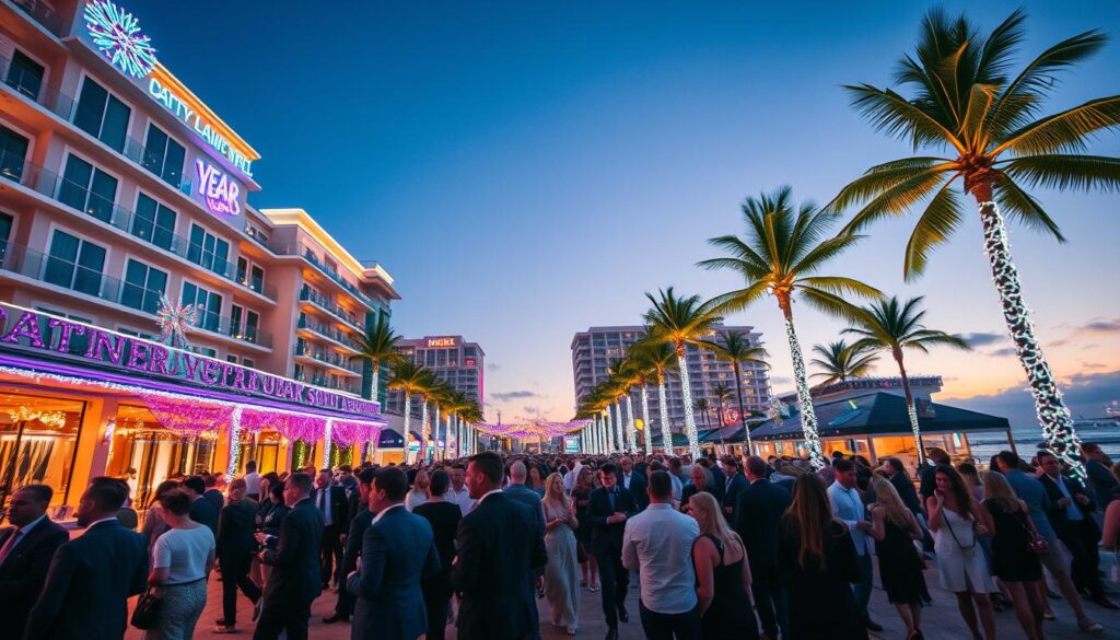 A vibrant and festive scene of hotels in South Beach, Miami, decorated for New Year's Eve celebrations. In the foreground, elegantly lit beachside hotels with contemporary architecture, adorned with colorful lights, confetti, and cheerful decorations. The middle ground features people in professional business attire or stylish casual clothing, mingling and enjoying the lively atmosphere. The background showcases the iconic South Beach, with palm trees swaying gently, and a clear sky transitioning to twilight hues. The lighting is warm and inviting, capturing the excitement of the upcoming New Year. Use a wide-angle lens to create a dynamic perspective, emphasizing the vibrant energy and festive spirit of the night. The overall mood is cheerful, celebratory, and inviting, perfect for a New Year's Eve gathering.