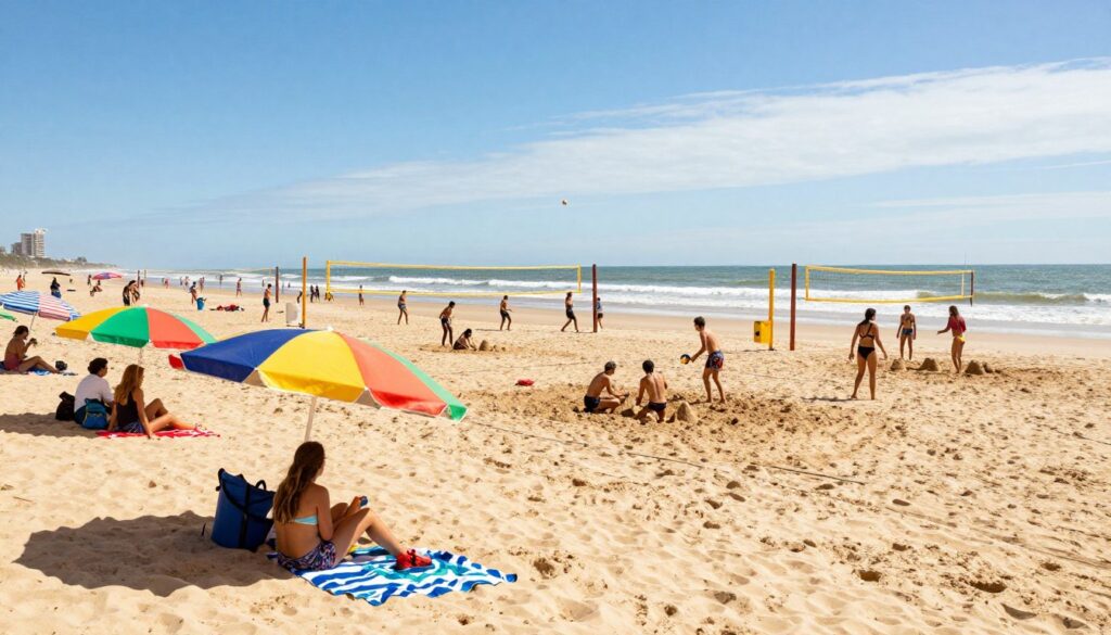 A vibrant beach scene in Uruguay during summer, capturing the essence of "verão uruguaio." In the foreground, colorful beach umbrellas and towels scattered across soft golden sand, with a few families enjoying the sun and playing beach games. In the middle ground, cheerful people, dressed in modest summer attire, are enjoying leisurely activities like building sandcastles and playing beach volleyball. The background features gentle waves lapping at the shore under a clear blue sky, with a few wispy clouds. The sun casts a warm, inviting glow over the scene, enhancing the lively atmosphere. The image is taken from a slightly elevated angle to encompass both the beach and the picturesque shoreline, evoking a sense of joy and relaxation perfect for celebrating the summer spirit in Punta del Este.