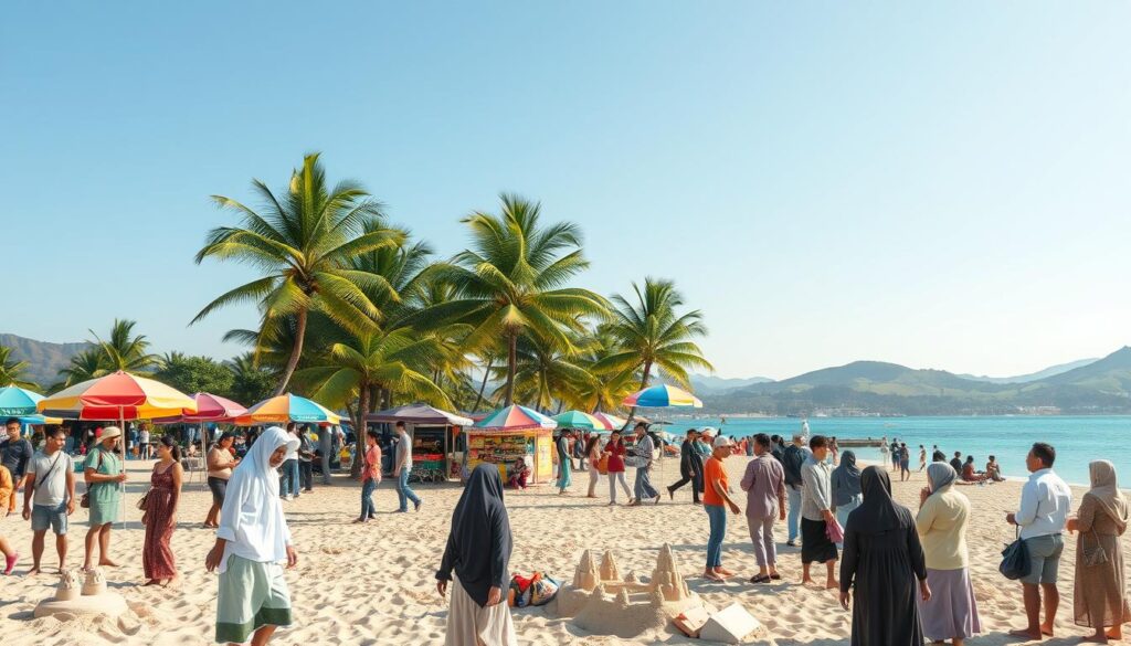 A vibrant beach scene showcasing the diversity of attractions, culture, and nature. In the foreground, a group of diverse individuals dressed in modest casual clothing enjoys a sunny day at the beach, playing beach volleyball and building sandcastles. In the middle, colorful beach umbrellas provide shade, while local artists display their crafts and delicious street food stalls offer a taste of culture. The background features lush green palm trees and turquoise waters, with a distant view of rolling hills under a bright blue sky. Soft, golden sunlight bathes the scene, creating a warm, inviting atmosphere that captures the essence of summer travel. The angle is slightly elevated, allowing for a panoramic view of this vibrant coastal paradise.