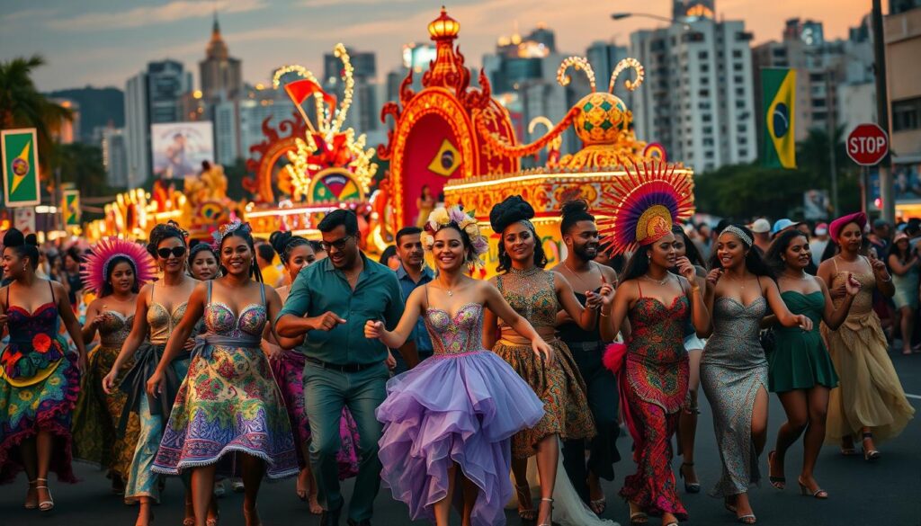A vibrant carnival scene showcasing the blend of tradition and modernity. In the foreground, a group of diverse individuals dressed in colorful, elegant costumes inspired by traditional Brazilian cultural elements, alongside modern fashion accessories, joyfully dance together. The middle ground features lively parade floats adorned with intricate decorations, mixing historic motifs with contemporary designs, set against a backdrop of festive banners and streamers. The background captures a bustling city skyline, illuminated by warm, festive lights, representing the urban energy of Carnaval. Capture this scene during the golden hour with soft, warm lighting casting dynamic shadows, creating a joyful and energetic atmosphere, emphasizing the celebration and unity of cultures.