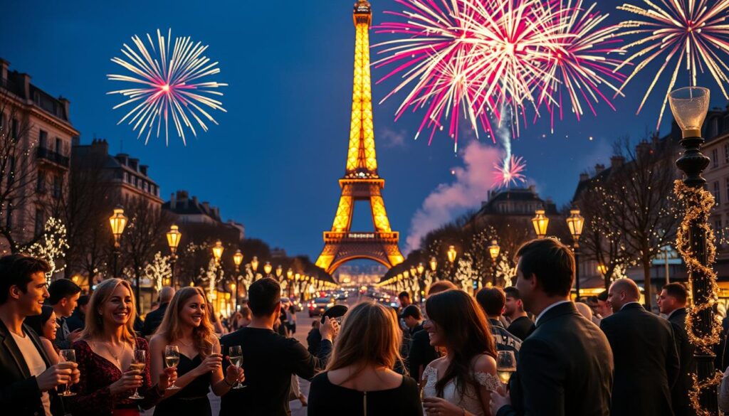 A vibrant celebration scene capturing the unique atmosphere of New Year’s Eve in Paris. In the foreground, elegantly dressed couples and friends gather, laughing and toasting with champagne glasses. In the middle ground, the iconic Champs-Élysées is bustling with joyous crowds, adorned with twinkling lights and festive decorations. The stunning Eiffel Tower is illuminated in the background, shining brilliantly against a midnight blue sky filled with bursts of colorful fireworks. Soft, romantic street lights cast a warm glow over the scene, enhancing the celebratory mood. The image is shot from a slightly elevated angle to encompass the lively street activity and the breathtaking view of the Eiffel Tower, creating a sense of wonder and excitement.