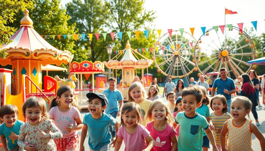 A vibrant children's theme park scene filled with joy and excitement. In the foreground, a diverse group of children, dressed in colorful casual clothing, are laughing and playing on a whimsical playground featuring slides and climbing structures. In the middle ground, enchanting rides like a carousel with brightly painted horses and a Ferris wheel, adorned with lights, rotate under a sunny sky. Parents watch nearby, some capturing smiles on their cameras. In the background, lush green trees and colorful banners flutter in the gentle breeze, creating a festive atmosphere. Soft sunlight bathes the scene, casting warm, cheerful shadows. The image conveys a sense of wonder, adventure, and family fun, evoking the magic of a perfect day at the theme park.