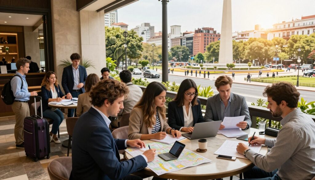 A vibrant cityscape of Buenos Aires, Argentina, showcasing a comfortable hotel lobby in the foreground filled with travelers in professional attire checking in and organizing their itineraries. In the middle ground, a diverse group of tourists discussing their travel plans, with maps and digital devices spread across a table. The background captures iconic landmarks like the Obelisco and a sunny park, emphasizing the city's lively atmosphere. Soft, warm sunlight floods the scene, highlighting the excitement of travel and adventure. The lens is set for a slightly elevated perspective that gives a panoramic view of the bustling environment, creating a welcoming and organized ambiance. The overall mood is cheerful and dynamic, embodying the essence of travel logistics.