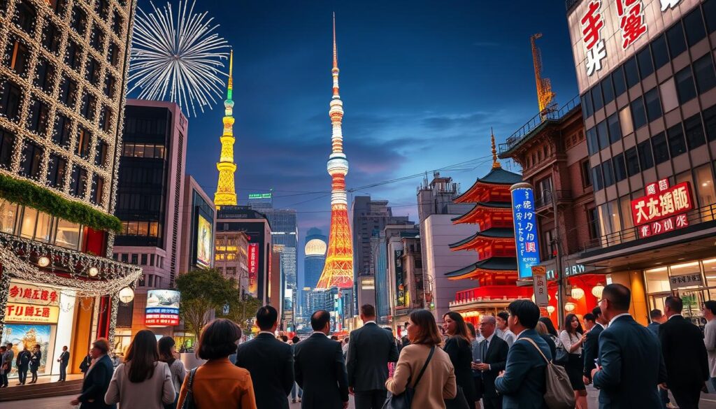 A vibrant cityscape of Tokyo at New Year's Eve, showcasing several luxurious hotels adorned with festive decorations and twinkling lights. In the foreground, elegantly dressed guests in professional business attire and modest casual clothing admire the festive atmosphere. The middle ground features iconic Tokyo structures, like Tokyo Tower, with fireworks bursting in the night sky, creating a magical ambiance. The background reveals a serene view of traditional Buddhist temples, slightly dimmed under twilight, symbolizing cultural heritage. The scene is illuminated by soft, warm lighting, capturing the joyous celebration. The shot is taken at eye level to emphasize the energetic atmosphere of the bustling streets and the lingering spirit of the New Year.