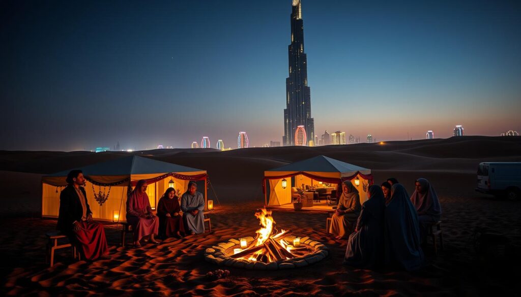A vibrant cultural scene set in the Dubai desert during New Year's celebrations. In the foreground, a group of elegantly dressed individuals in modest attire gather around a traditional campfire, sharing stories and enjoying dates and Arabic coffee. The middle ground features beautifully arranged Arabian tents adorned with festive decorations, lanterns glowing softly in warm hues. In the background, the iconic Burj Khalifa is illuminated with a futuristic light show, casting colorful reflections across the tranquil desert sands under a starry night sky. Capture the atmosphere of joy and anticipation, with soft, golden lighting emanating from the tents and the dynamic lights of the skyscraper contrasting against the dark sky, inviting viewers into this magical cultural experience. A vibrant cultural scene set in the Dubai desert during New Year's celebrations. In the foreground, a group of elegantly dressed individuals in modest attire gather around a traditional campfire, sharing stories and enjoying dates and Arabic coffee. The middle ground features beautifully arranged Arabian tents adorned with festive decorations, lanterns glowing softly in warm hues. In the background, the iconic Burj Khalifa is illuminated with a futuristic light show, casting colorful reflections across the tranquil desert sands under a starry night sky. Capture the atmosphere of joy and anticipation, with soft, golden lighting emanating from the tents and the dynamic lights of the skyscraper contrasting against the dark sky, inviting viewers into this magical cultural experience.