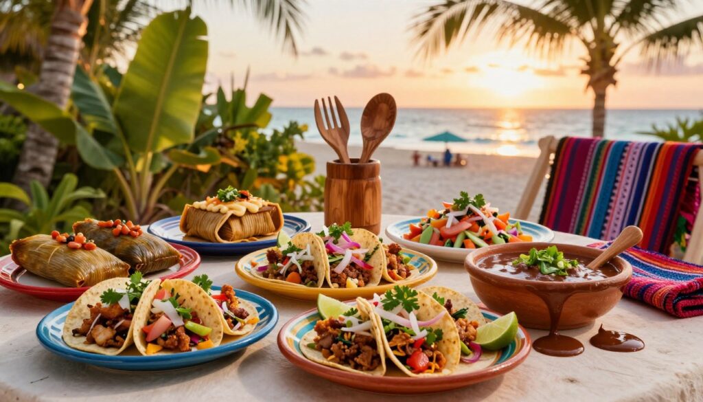 A vibrant display of traditional Mexican cuisine featuring a beautifully arranged table showcasing various dishes from the Riviera Maya. In the foreground, colorful plates filled with tacos al pastor, tamales, and fresh ceviche, garnished with fragrant herbs and lime wedges. A bowl of rich mole sauce spills over, highlighting the culinary richness. The middle ground includes wooden accents, such as handcrafted utensils and woven textiles, which enhance the cultural feel. In the background, lush tropical plants create an inviting ambiance with soft, warm lighting that captures the sun setting over a vibrant beach scene. The atmosphere is lively and festive, evoking the warmth and hospitality of Mexican gastronomy. Use a wide-angle perspective for an immersive experience, with bright colors that pop to embody the spirit of Riviera Maya's culinary traditions.