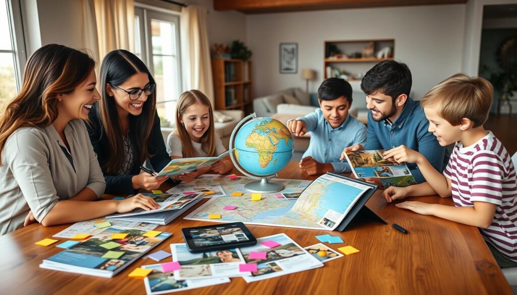 A vibrant family planning a trip together around a large wooden table, filled with travel brochures, maps, and colorful sticky notes. In the foreground, a smiling mother looks at a map while a father writes down notes, both dressed in smart casual attire. Their two excited children point at pictures of possible destinations from brochures, showcasing a sense of adventure. In the middle, a globe and a digital tablet display family-friendly vacation options. In the background, a cozy and bright living room with soft natural lighting streaming through a window, adding warmth to the scene. The atmosphere is filled with enthusiasm, organization, and togetherness, embodying the joy of planning a perfect family vacation.