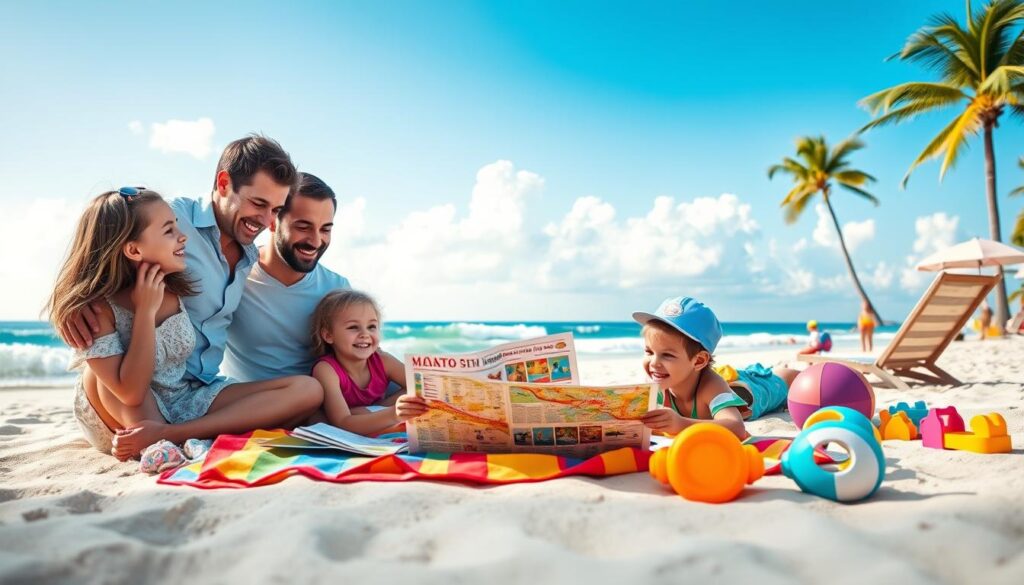 A vibrant family travel itinerary scene set on a sunny beach destination, showcasing a joyful family of four: two children and their parents. In the foreground, the family is gathered around a colorful beach towel spread on the sand, with a map and travel brochures laid out, exploring options for activities. In the middle ground, playful waves gently lap at the shore, and beach toys are scattered nearby, capturing a sense of excitement. The background features a clear blue sky with fluffy white clouds, palm trees swaying, and beach umbrellas providing shade. The mood is cheerful and adventurous, radiating warmth and happiness. Soft, natural lighting enhances the colors, creating a captivating and inviting atmosphere. The scene should feel lively and inspiring, perfect for a family planning unforgettable vacations.