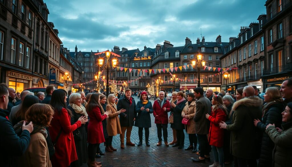 A vibrant, festive scene capturing the essence of "Auld Lang Syne" during Hogmanay celebrations in Edinburgh. In the foreground, a diverse group of people dressed in warm, modest attire gather, holding hands in a circle, singing joyfully. In the middle, a picturesque cobblestone street is adorned with twinkling lights and colorful banners, enhancing the celebratory atmosphere. The background features Edinburgh’s historic architecture, illuminated by the soft glow of street lamps against a twilight sky. A light snowfall adds a magical touch to the scene, reflecting the warmth of the gathering. The mood is joyful and festive, evoking a sense of tradition and community spirit, perfect for New Year celebrations. Natural lighting enhances the scene's warmth, suggesting a cozy evening ambiance.