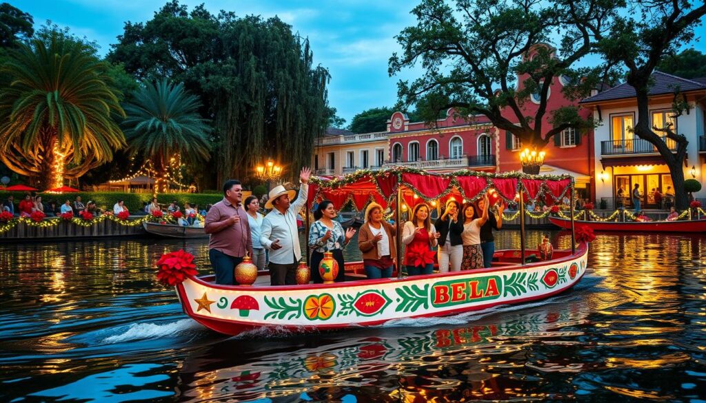 A vibrant, festive scene depicting a traditional trajinera boat sailing through the canals of Xochimilco, adorned with colorful decorations for Christmas. In the foreground, a group of people dressed in modest, casual festive attire are joyfully singing and celebrating, surrounded by festive lights and poinsettias. In the middle ground, the beautifully painted trajinera glides over the reflective water, where the mood is lively and cheerful. The background features lush greenery and charming historic buildings illuminated by soft, warm lights, enhancing the holiday atmosphere. Capture this scene at sunset with a soft golden glow, shot with a wide-angle lens to encompass the beauty of the landscape, evoking a sense of joy and community spirit during the Christmas season.