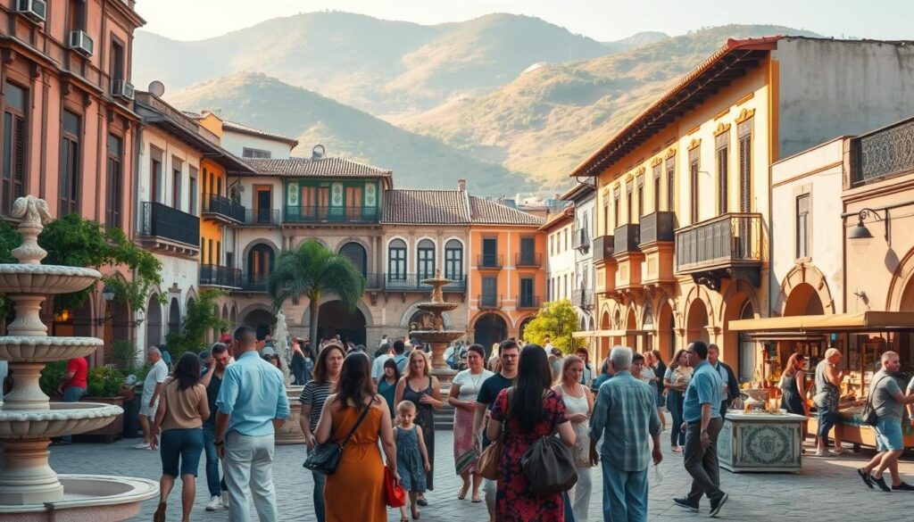 A vibrant historical city scene showcasing the intricate architecture of a colonial-style town square in Brazil, highlighting cultural elements such as ornate fountains, lush greenery, and cobbled streets. The foreground features a diverse group of people in modest, casual clothing engaged in conversations and exploring local artisans’ stalls. In the middle ground, colorful buildings with intricate balconies and decorative tiles stand prominently, infused with warm sunlight. The background displays verdant hills, hinting at natural adventures nearby. Soft, golden hour lighting bathes the scene, creating an inviting and nostalgic atmosphere that reflects the rich culture and history of this ecotourism destination. The image should evoke warmth, community, and a sense of exploration in a historically rich setting.
